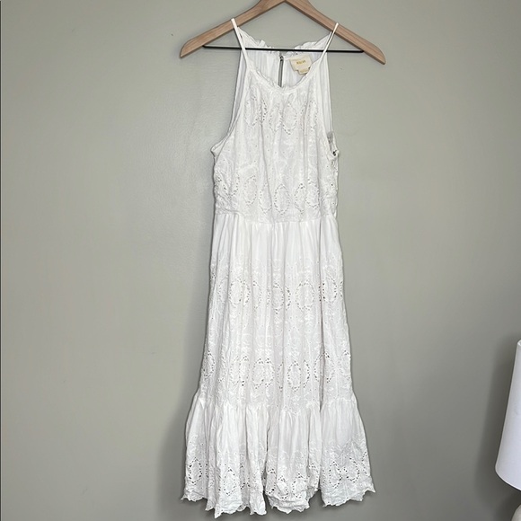 Maeve midi dress high neck ivory eyelet lace scalloped hem white sz 10 Anthro - Picture 1 of 8